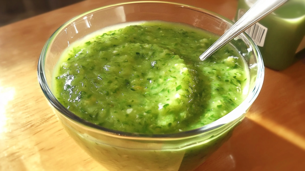 a bowl of green sauce with a spoon